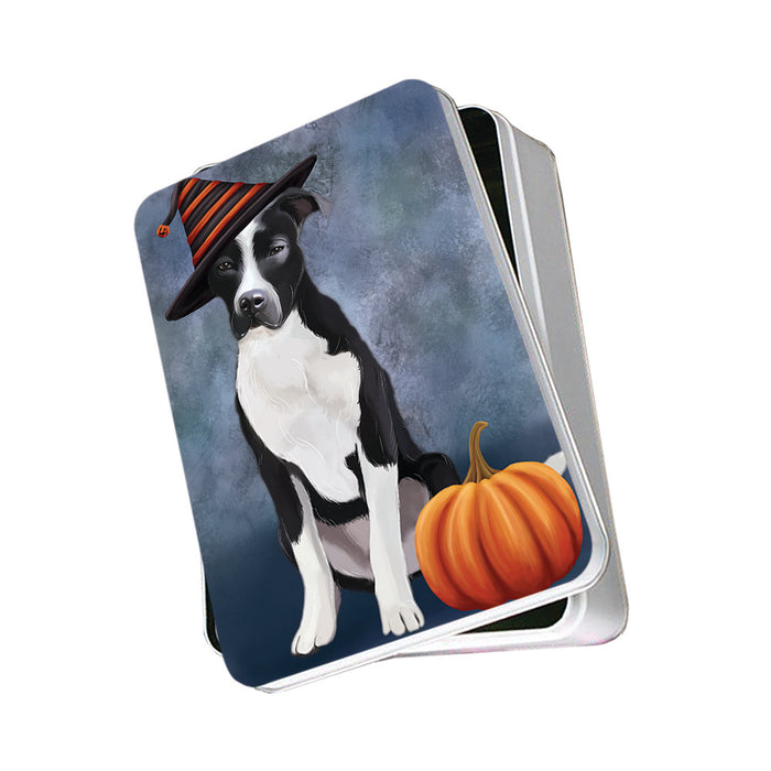 Happy Halloween Pit Bull Dog Wearing Witch Hat with Pumpkin Photo Storage Tin PITN54928