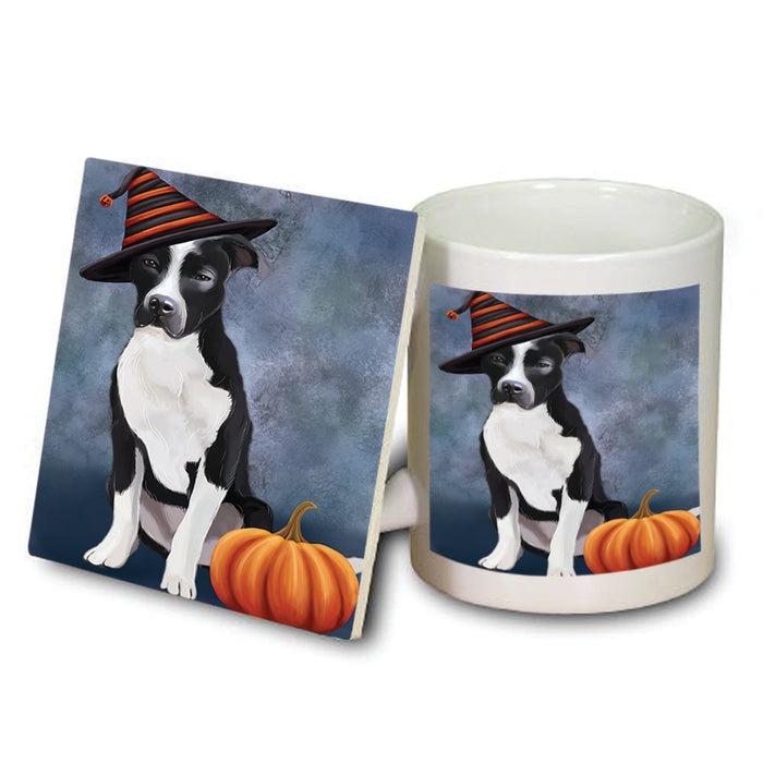 Happy Halloween Pit Bull Dog Wearing Witch Hat with Pumpkin Mug and Coaster Set MUC54977