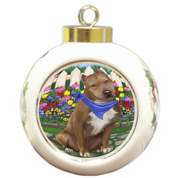 Spring Floral Pit Bull Dog Round Ball Christmas Ornament RBPOR50195