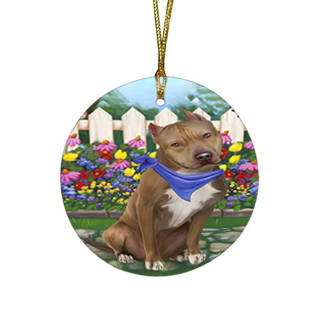 Spring Floral Pit Bull Dog Round Flat Christmas Ornament RFPOR50186