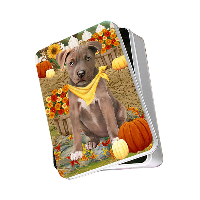 Fall Autumn Greeting Pit Bull Dog with Pumpkins Photo Storage Tin PITN50822