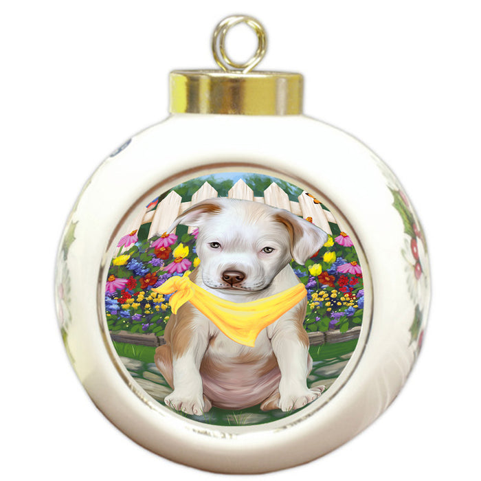 Spring Floral Pit Bull Dog Round Ball Christmas Ornament RBPOR50196
