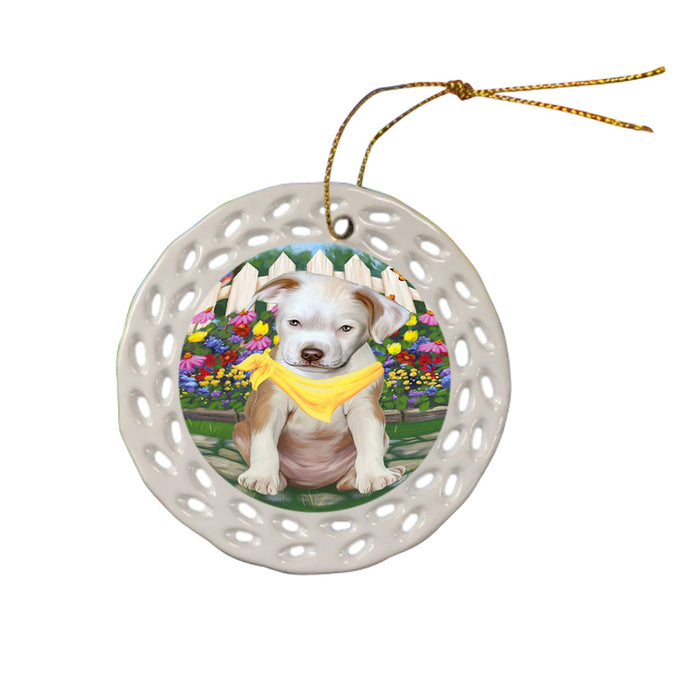 Spring Floral Pit Bull Dog Ceramic Doily Ornament DPOR50196