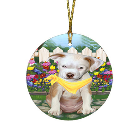 Spring Floral Pit Bull Dog Round Flat Christmas Ornament RFPOR50187