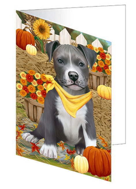 Fall Autumn Greeting Pit Bull Dog with Pumpkins Handmade Artwork Assorted Pets Greeting Cards and Note Cards with Envelopes for All Occasions and Holiday Seasons GCD56498