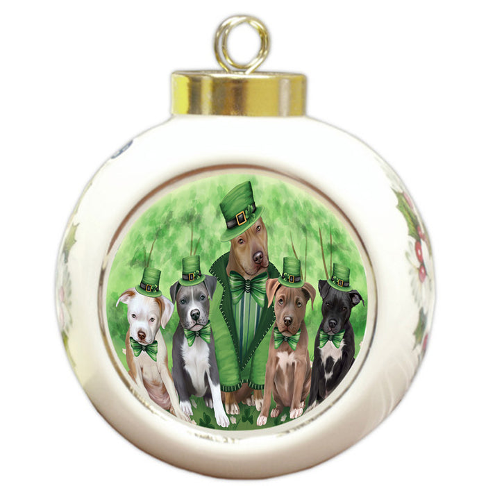 St. Patricks Day Irish Family Portrait Pit Bulls Dog Round Ball Christmas Ornament RBPOR49342