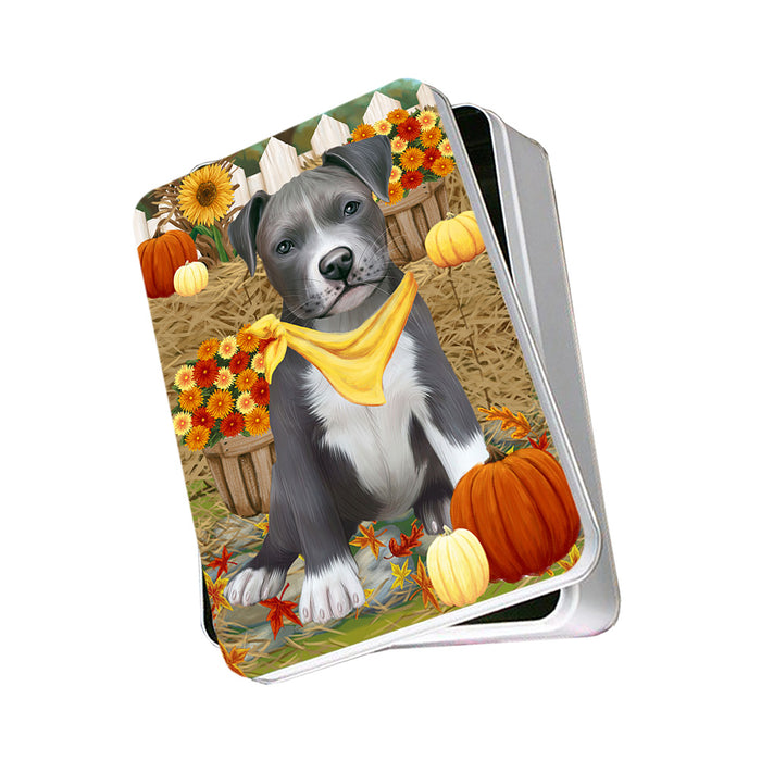 Fall Autumn Greeting Pit Bull Dog with Pumpkins Photo Storage Tin PITN50823