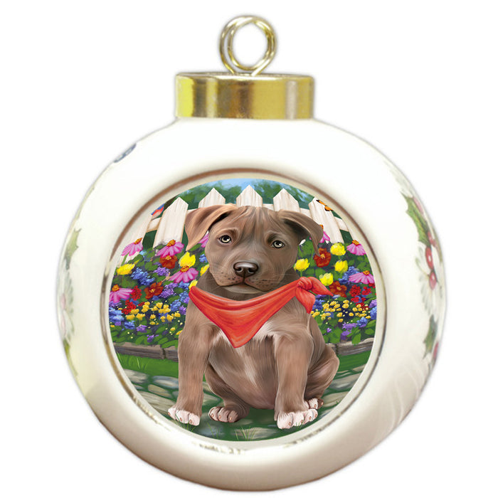 Spring Floral Pit Bull Dog Round Ball Christmas Ornament RBPOR50197