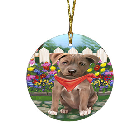 Spring Floral Pit Bull Dog Round Flat Christmas Ornament RFPOR50188