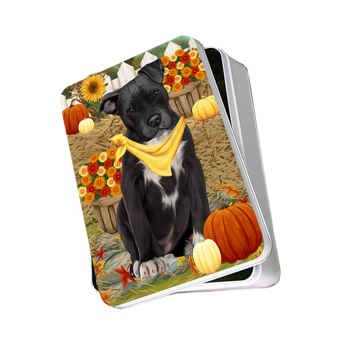 Fall Autumn Greeting Pit Bull Dog with Pumpkins Photo Storage Tin PITN50825