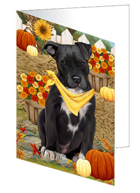Fall Autumn Greeting Pit Bull Dog with Pumpkins Handmade Artwork Assorted Pets Greeting Cards and Note Cards with Envelopes for All Occasions and Holiday Seasons GCD56504