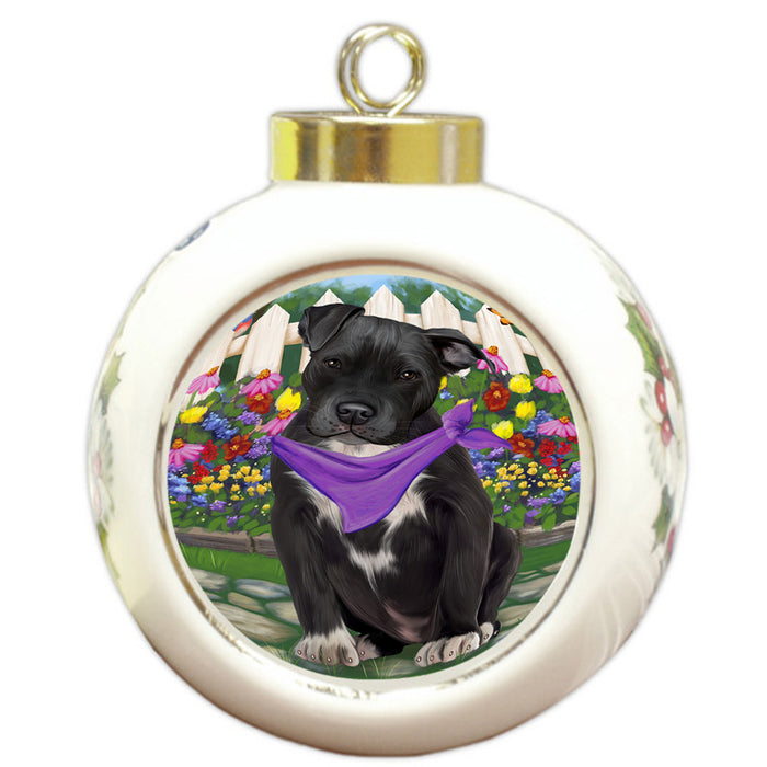 Spring Floral Pit Bull Dog Round Ball Christmas Ornament RBPOR50198