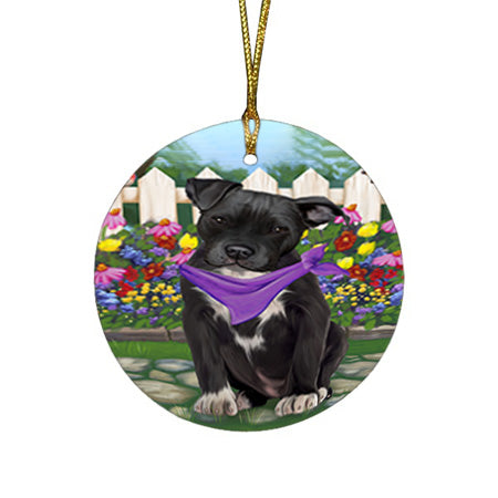 Spring Floral Pit Bull Dog Round Flat Christmas Ornament RFPOR50189