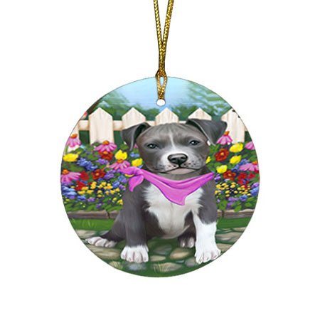 Spring Floral Pit Bull Dog Round Flat Christmas Ornament RFPOR50190
