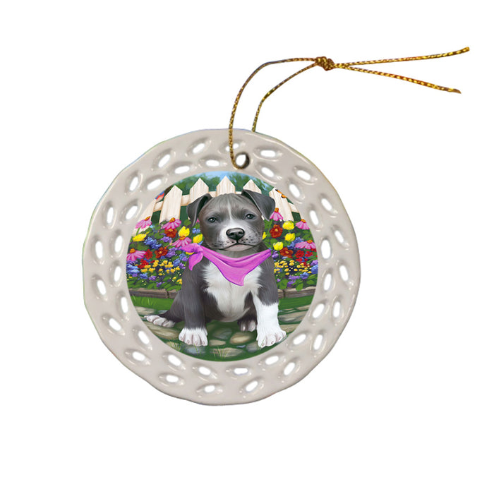 Spring Floral Pit Bull Dog Ceramic Doily Ornament DPOR50199