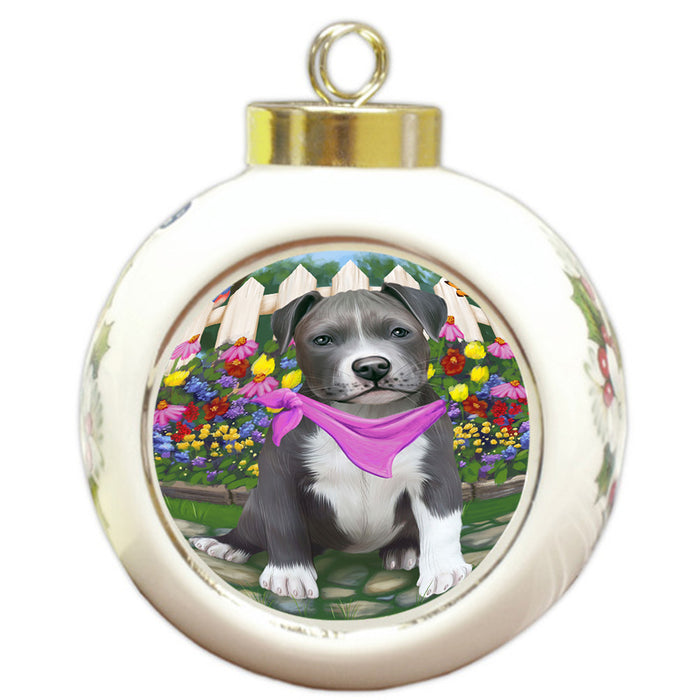 Spring Floral Pit Bull Dog Round Ball Christmas Ornament RBPOR50199
