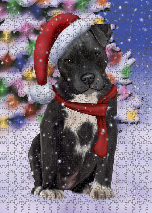 Winterland Wonderland Pit bull Dog In Christmas Holiday Scenic Background Puzzle with Photo Tin PUZL80772