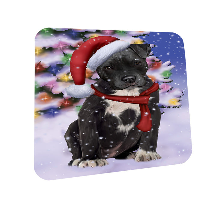 Winterland Wonderland Pit bull Dog In Christmas Holiday Scenic Background  Coasters Set of 4 CST53362