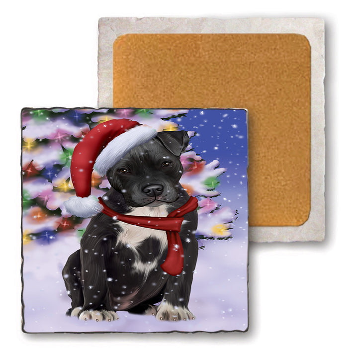 Winterland Wonderland Pit bull Dog In Christmas Holiday Scenic Background  Set of 4 Natural Stone Marble Tile Coasters MCST48404