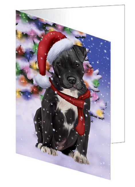 Winterland Wonderland Pit bull Dog In Christmas Holiday Scenic Background  Handmade Artwork Assorted Pets Greeting Cards and Note Cards with Envelopes for All Occasions and Holiday Seasons GCD64241