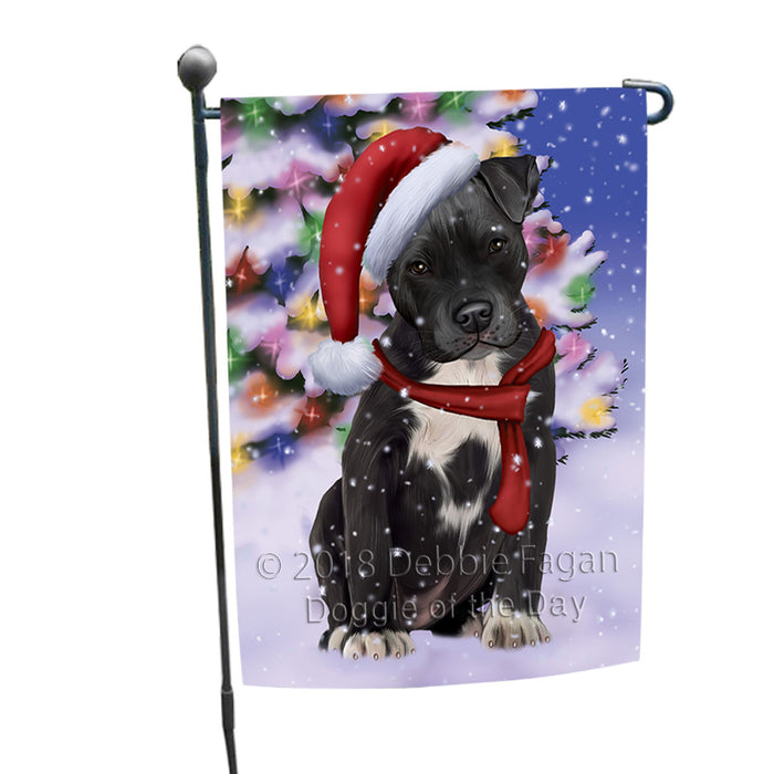 Winterland Wonderland Pit bull Dog In Christmas Holiday Scenic Background  Garden Flag GFLG53466