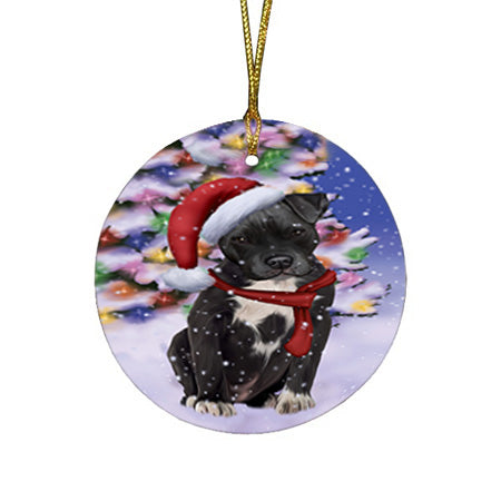 Winterland Wonderland Pit bull Dog In Christmas Holiday Scenic Background  Round Flat Christmas Ornament RFPOR53395