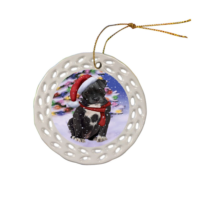 Winterland Wonderland Pit bull Dog In Christmas Holiday Scenic Background  Ceramic Doily Ornament DPOR53404