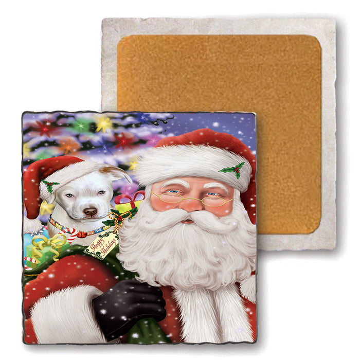 Santa Carrying Pit Bull Dog and Christmas Presents Set of 4 Natural Stone Marble Tile Coasters MCST49001
