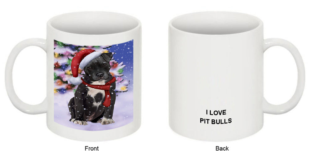 Winterland Wonderland Pit bull Dog In Christmas Holiday Scenic Background  Coffee Mug MUG48802