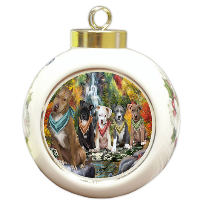 Scenic Waterfall Pit Bulls Dog Round Ball Christmas Ornament RBPOR51920