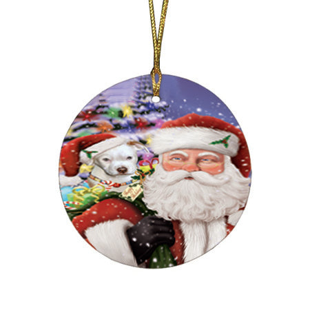 Santa Carrying Pit Bull Dog and Christmas Presents Round Flat Christmas Ornament RFPOR53992