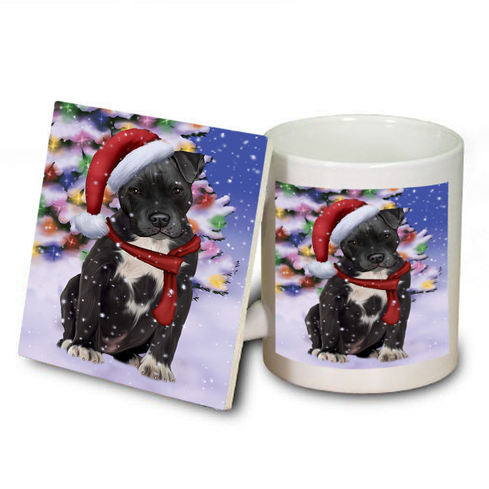 Winterland Wonderland Pit bull Dog In Christmas Holiday Scenic Background  Mug and Coaster Set MUC53396