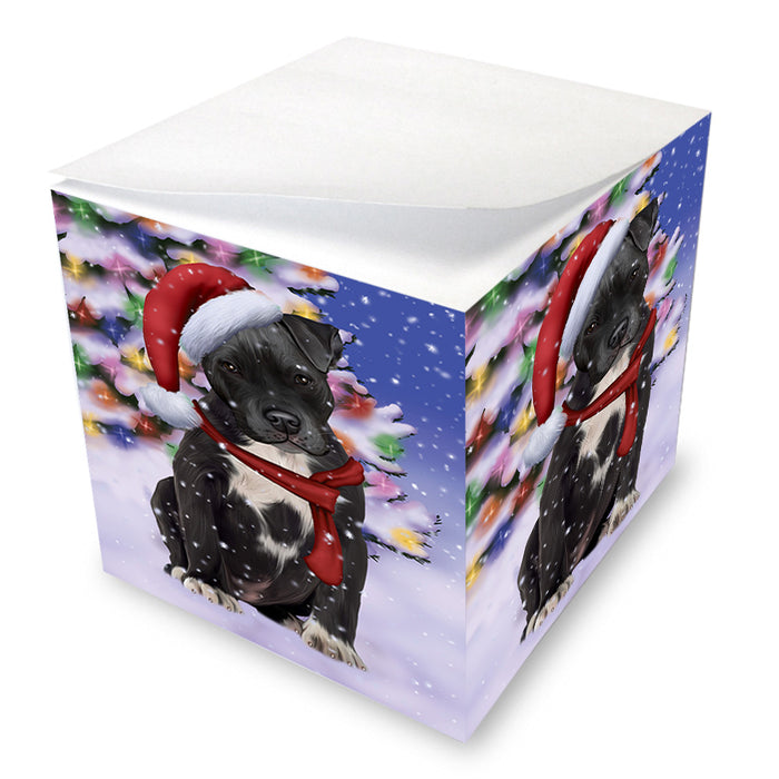 Winterland Wonderland Pit bull Dog In Christmas Holiday Scenic Background Note Cube NOC53404