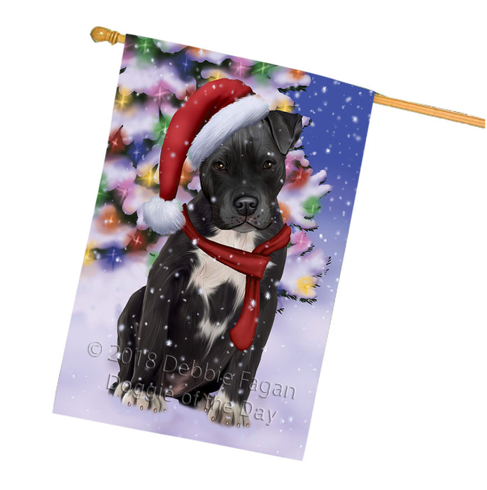 Winterland Wonderland Pit bull Dog In Christmas Holiday Scenic Background  House Flag FLG53602