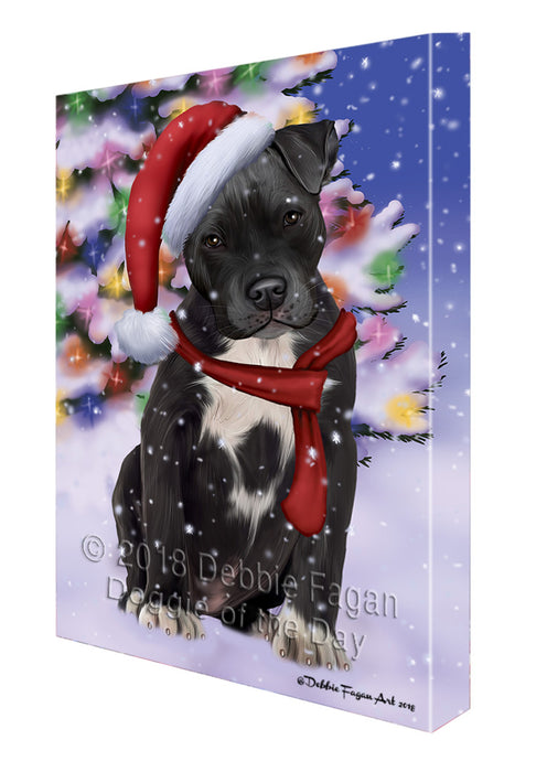 Winterland Wonderland Pit bull Dog In Christmas Holiday Scenic Background  Canvas Print Wall Art Décor CVS98486