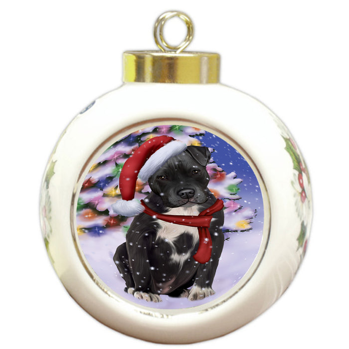 Winterland Wonderland Pit bull Dog In Christmas Holiday Scenic Background  Round Ball Christmas Ornament RBPOR53404