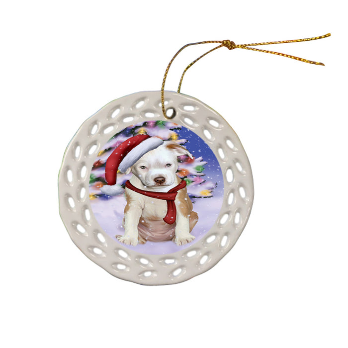 Winterland Wonderland Pit bull Dog In Christmas Holiday Scenic Background  Ceramic Doily Ornament DPOR53405
