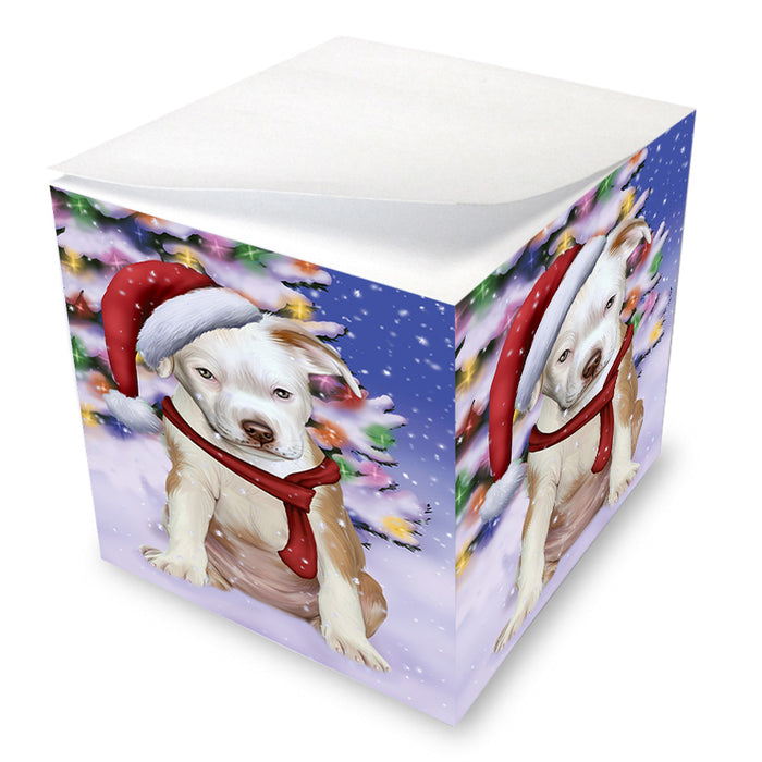 Winterland Wonderland Pit bull Dog In Christmas Holiday Scenic Background Note Cube NOC53405