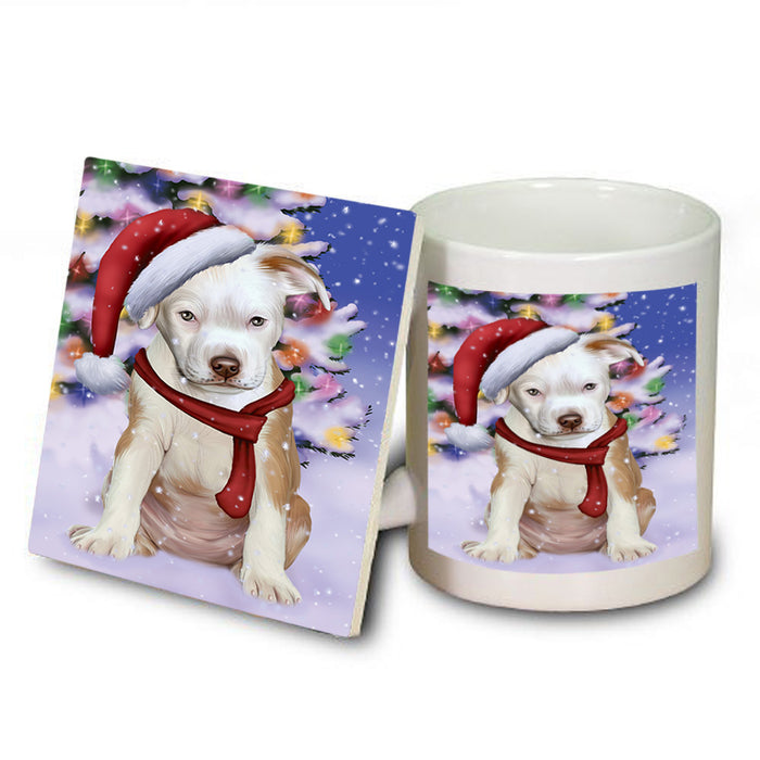 Winterland Wonderland Pit bull Dog In Christmas Holiday Scenic Background  Mug and Coaster Set MUC53397