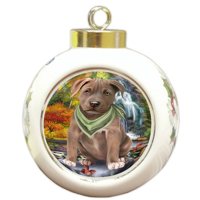 Scenic Waterfall Pit Bull Dog Round Ball Christmas Ornament RBPOR51921