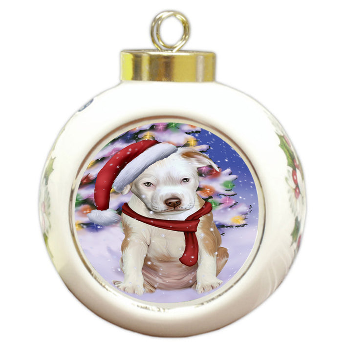 Winterland Wonderland Pit bull Dog In Christmas Holiday Scenic Background  Round Ball Christmas Ornament RBPOR53405