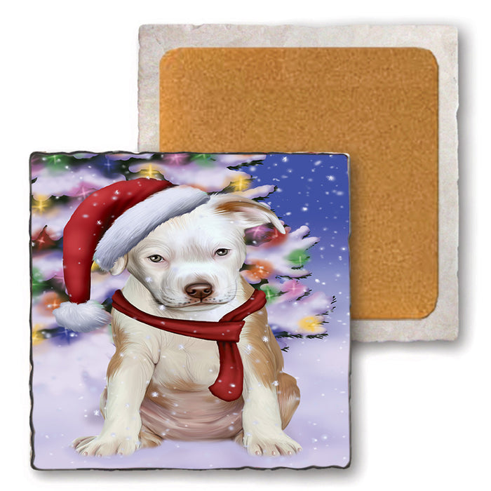 Winterland Wonderland Pit bull Dog In Christmas Holiday Scenic Background  Set of 4 Natural Stone Marble Tile Coasters MCST48405