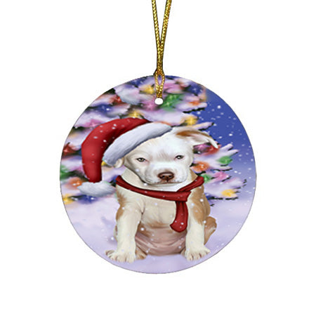 Winterland Wonderland Pit bull Dog In Christmas Holiday Scenic Background  Round Flat Christmas Ornament RFPOR53396