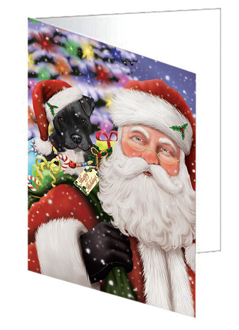 Santa Carrying Pit Bull Dog and Christmas Presents Handmade Artwork Assorted Pets Greeting Cards and Note Cards with Envelopes for All Occasions and Holiday Seasons GCD66035