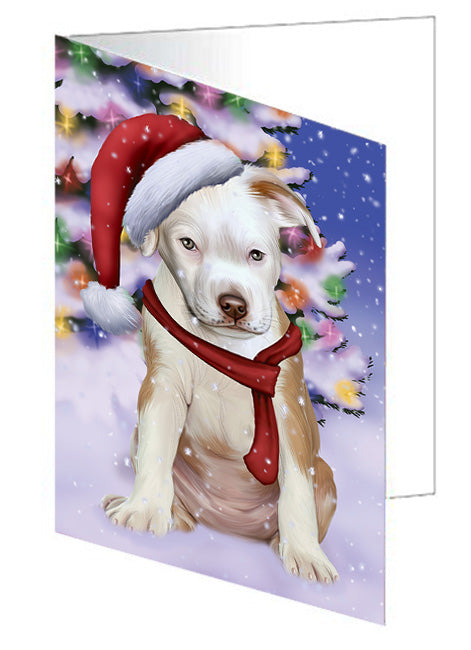 Winterland Wonderland Pit bull Dog In Christmas Holiday Scenic Background  Handmade Artwork Assorted Pets Greeting Cards and Note Cards with Envelopes for All Occasions and Holiday Seasons GCD64244