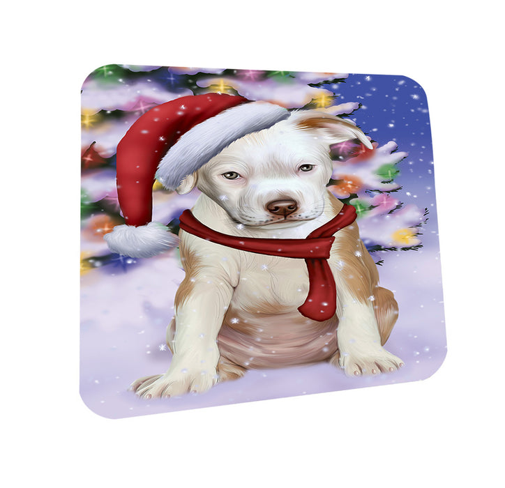 Winterland Wonderland Pit bull Dog In Christmas Holiday Scenic Background  Coasters Set of 4 CST53363