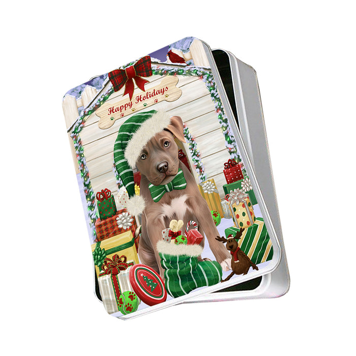 Happy Holidays Christmas Pit Bull Dog House With Presents Photo Storage Tin PITN52169