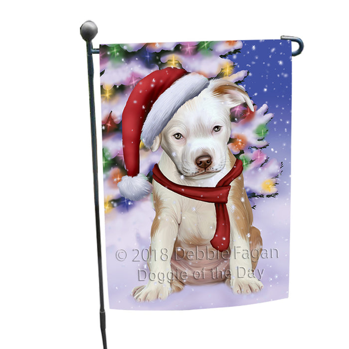 Winterland Wonderland Pit bull Dog In Christmas Holiday Scenic Background  Garden Flag GFLG53467