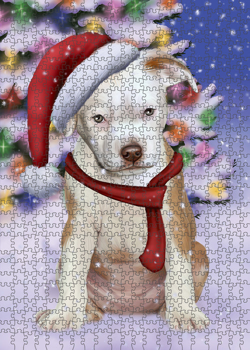 Winterland Wonderland Pit bull Dog In Christmas Holiday Scenic Background Puzzle with Photo Tin PUZL80776