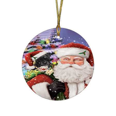 Santa Carrying Pit Bull Dog and Christmas Presents Round Flat Christmas Ornament RFPOR53993